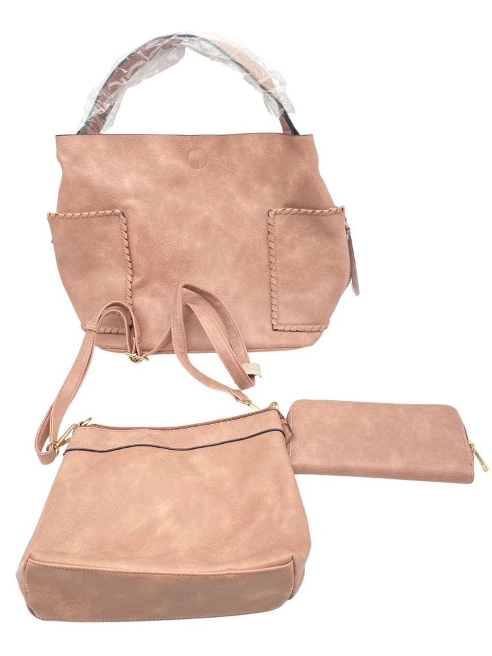 Deluxity 3-Piece Vegan Leather Handbag Set Tote Crossbody Wallet Blush Pink